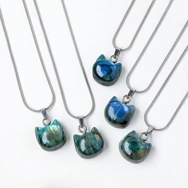 Buddha Stones Natural Cat Pattern Labradorite Healing Necklace Pendant