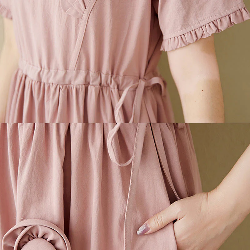 Buddha Stones Three-Dimensional Flower Design Ruffled Neck Cotton Linen Midi Dress With Pockets