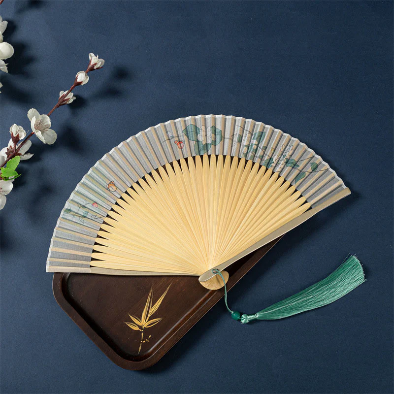 Buddha Stones Lotus Begonia Flower Jasmine Handheld Bamboo Folding Fan 21cm