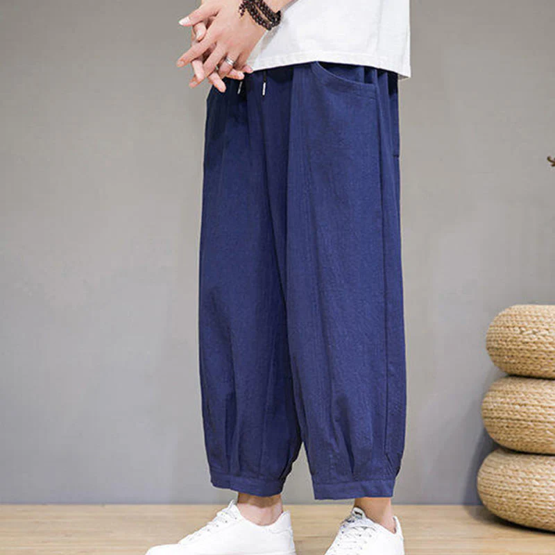 Buddha Stones Casual Plain Men's Cotton 7-8 Length Harem Pants With Pockets