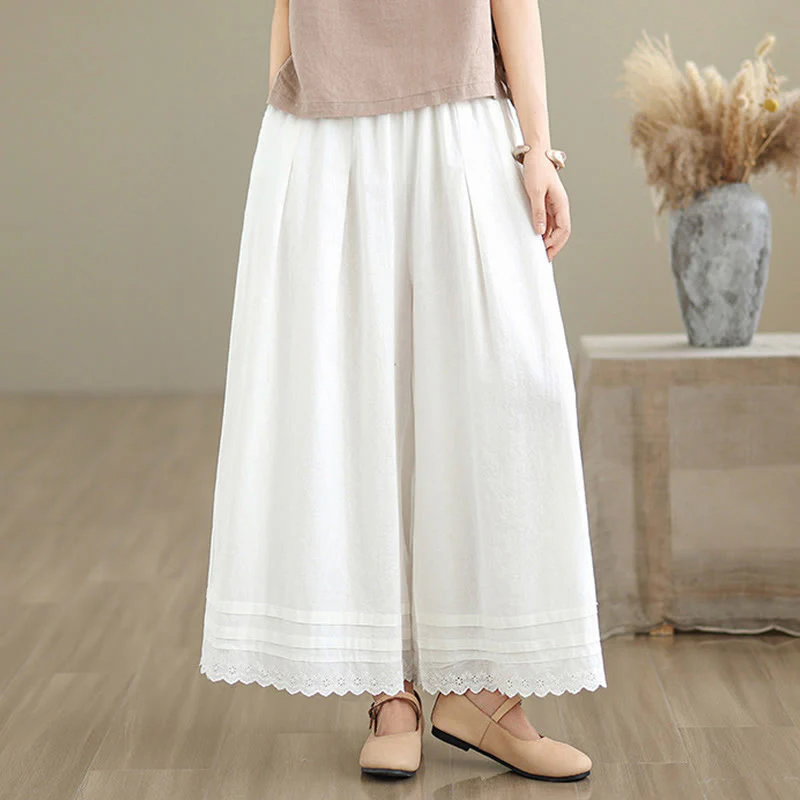 Buddha Stones Commute Simple Lace Design 7-8 Length Women's Wide Leg Cotton Linen Pants With Pockets