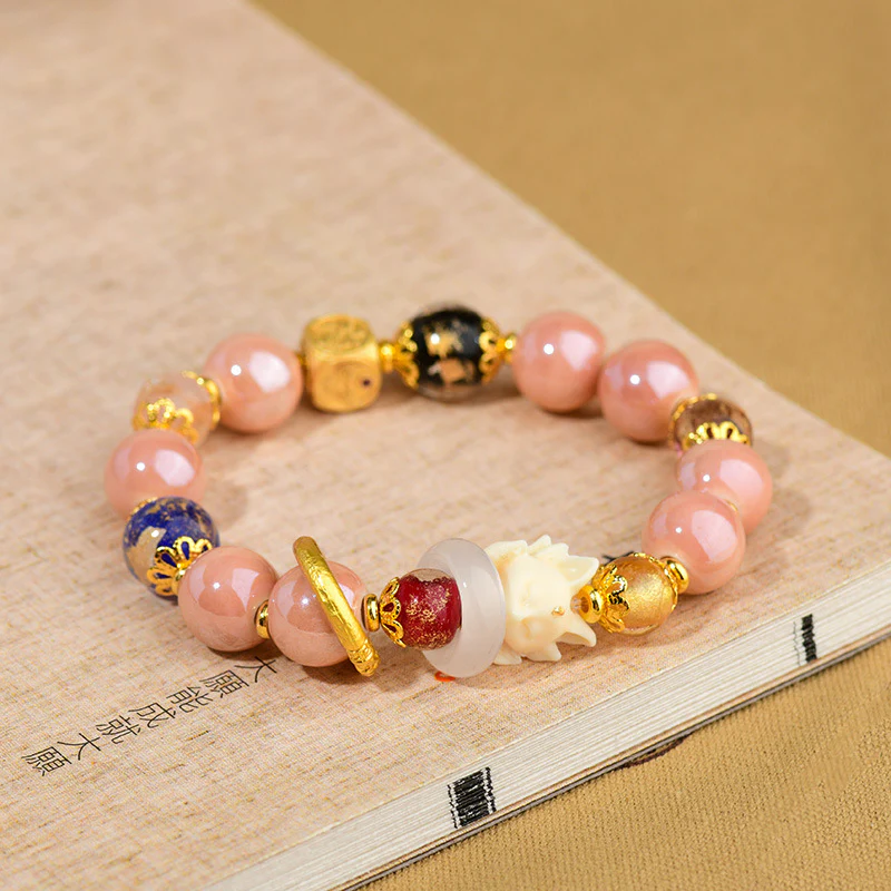 Buddha Stones Tibetan Incense Ash Liuli Glass Bead Luck Protection Nine Tailed Fox Bracelet