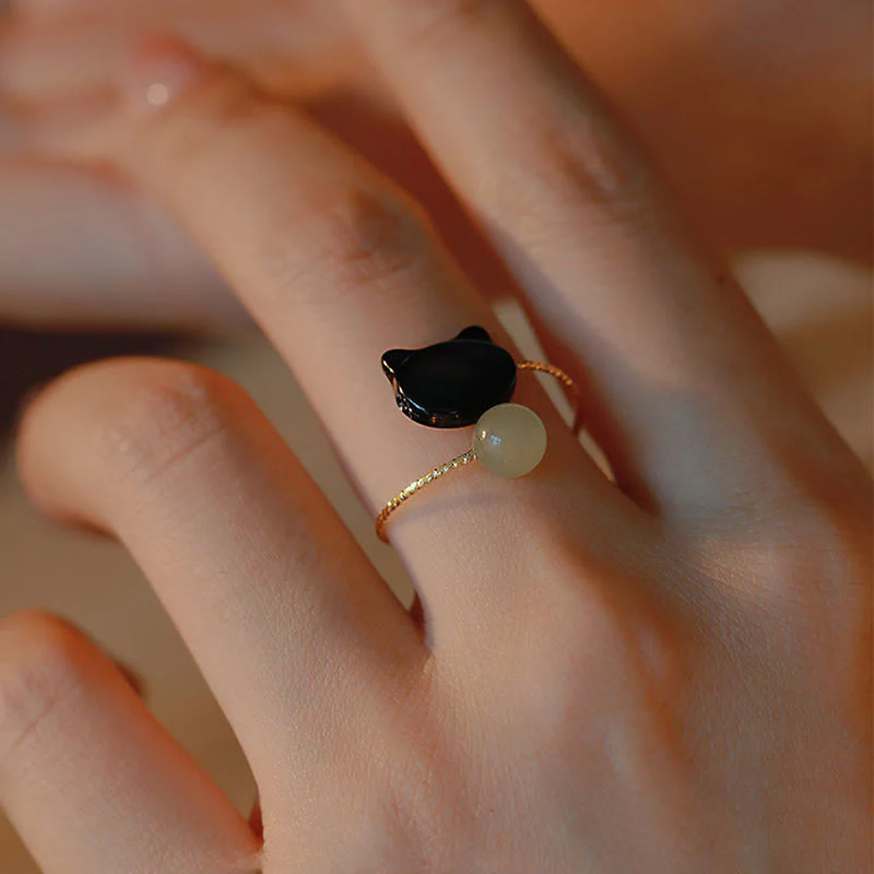 Buddha Stones Black Tridacna Stone Cat Jade Blessing Adjustable Ring