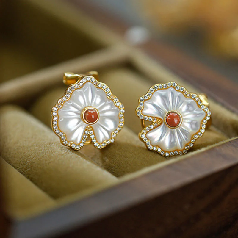 Buddha Stones 925 Sterling Silver Love Heart Tridacna Stone Red Agate Lazurite Blessing Earrings Necklace Jewelry Set