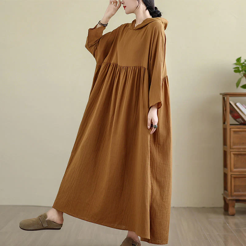 Buddha Stones Fall Hoodie Design Long Sleeve Cotton Linen Midi Dress With Pockets