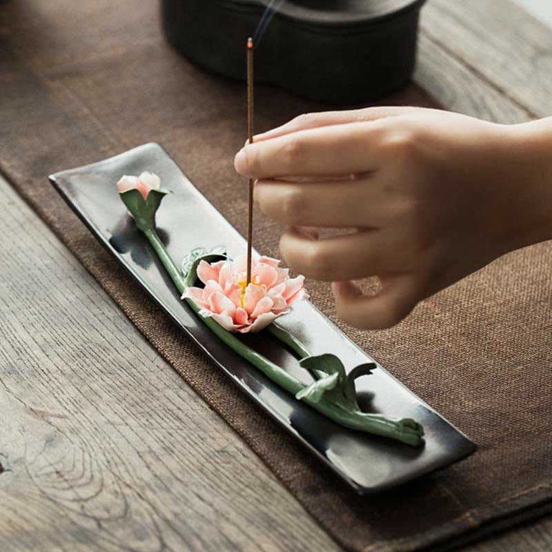 Buddha Stones Lotus Peony Rose Flower Ceramic Spiritual Incense Burner