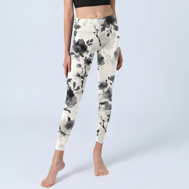 Buddha Stones Ink Painting Style Flower Pattern Print Gym Leggings Women's Yoga Pants
