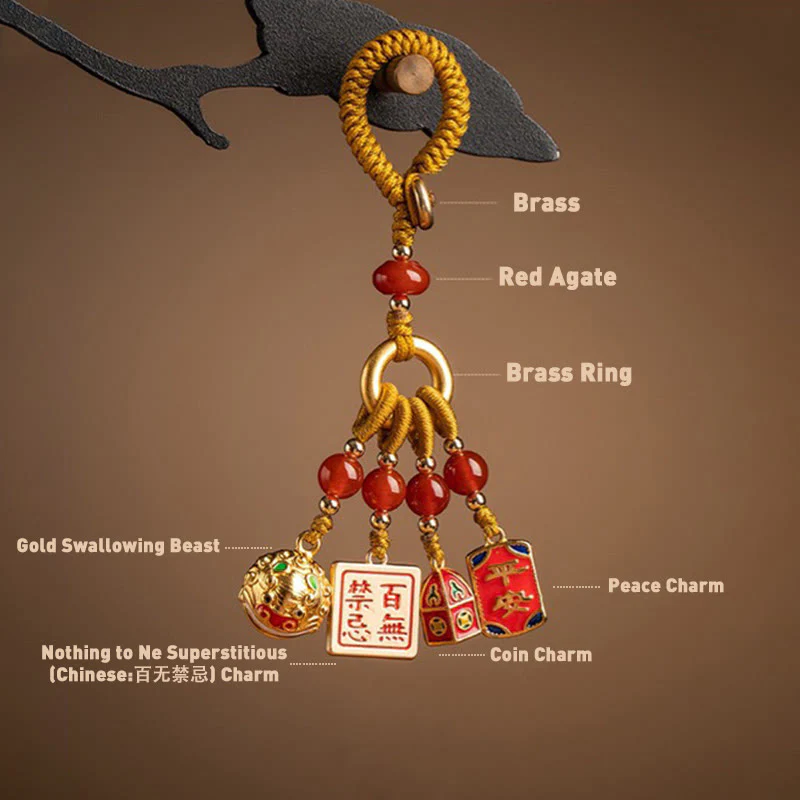 Buddha Stones Nothing to Be Superstitious Dancing Lion Copper Wealth Key Chain