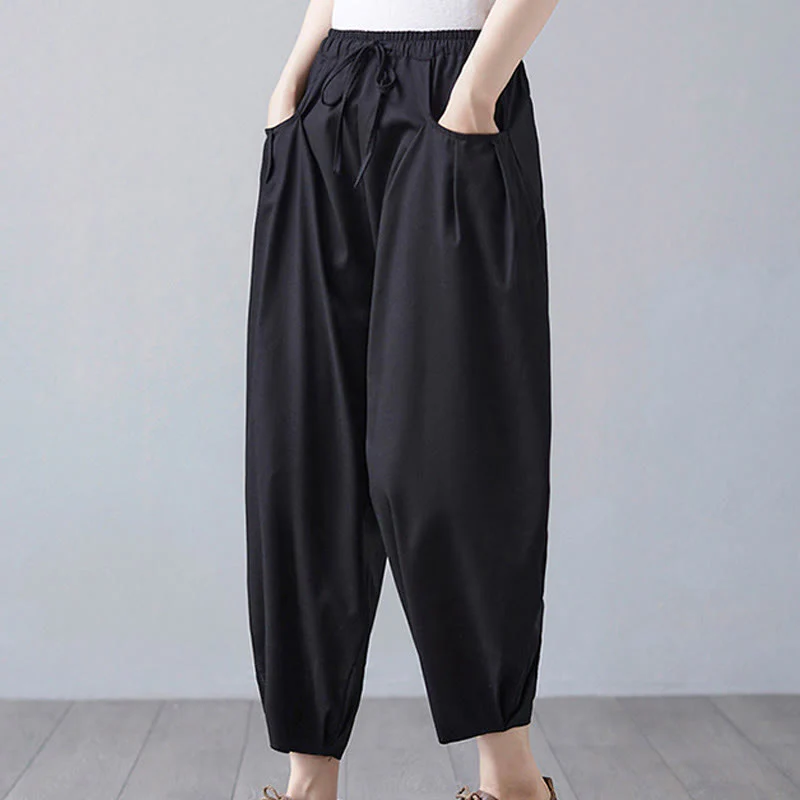 Buddha Stones Summer Plain Cropped Pants Women's Cotton Linen Harem Pants With Pockets