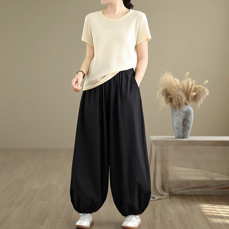 Buddha Stones Commute Summer Plain Women's Cotton Bloomers Pants With Pockets