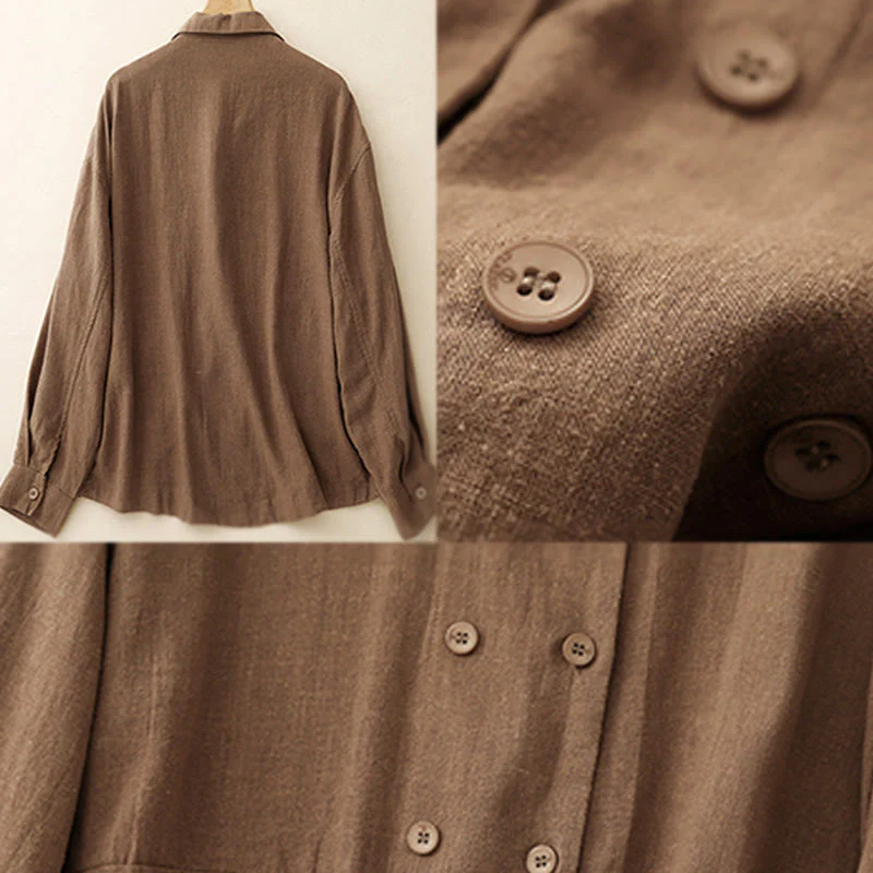 Buddha Stones Double‑Breasted Design Long Sleeve Women's Cotton Linen Jacket With Pockets