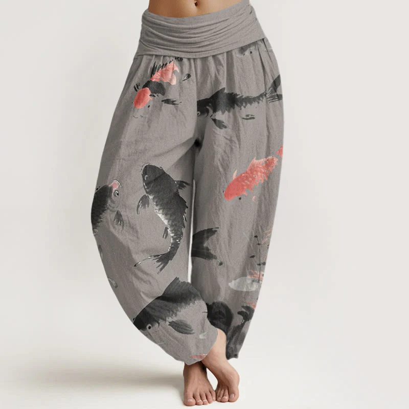 Buddha Stones Casual Koi Fish Pattern Women's Elastic Waist Harem Pants