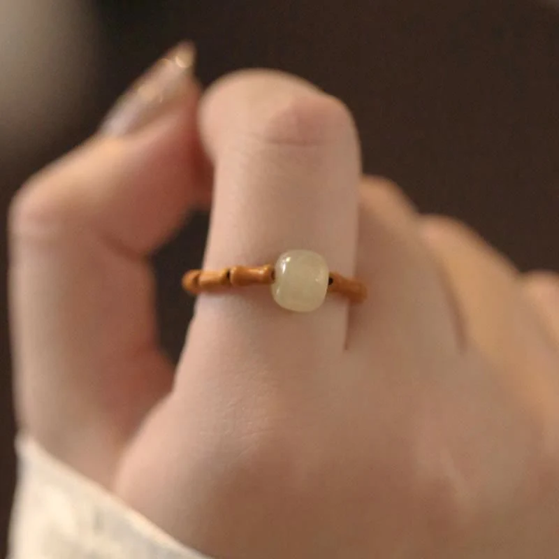 Buddha Stones Hetian Jade Beaded Bamboo Prosperity Luck Ring