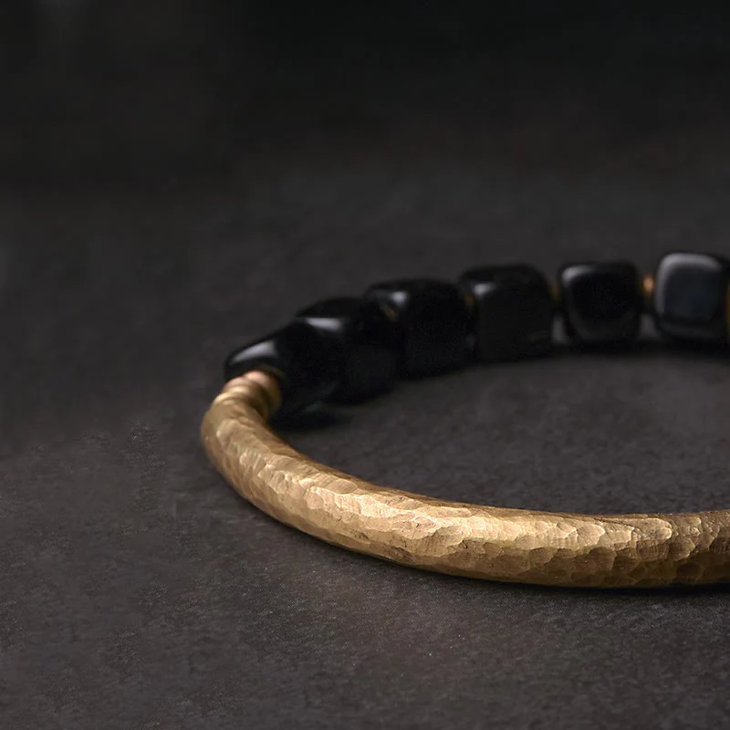 Buddha Stones Black Obsidian Crystal Copper Strength Couple Bracelet