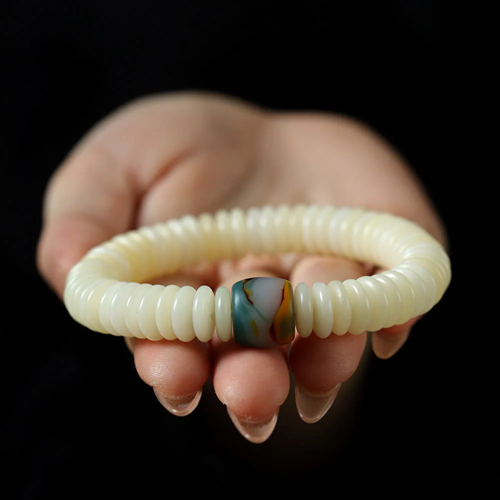 Buddha Stones Natural White Bodhi Seed Stone Wisdom Tassel Wrist Mala Bracelet