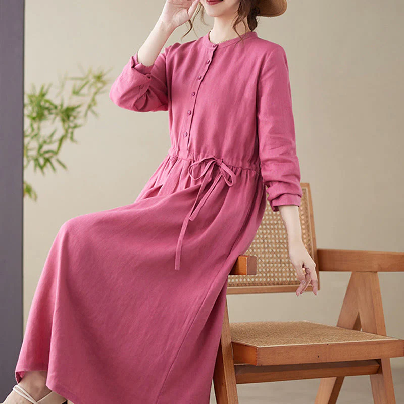 Buddha Stones Casual Plain Crew Neck Lace-up Cotton Linen Midi Dress With Pockets