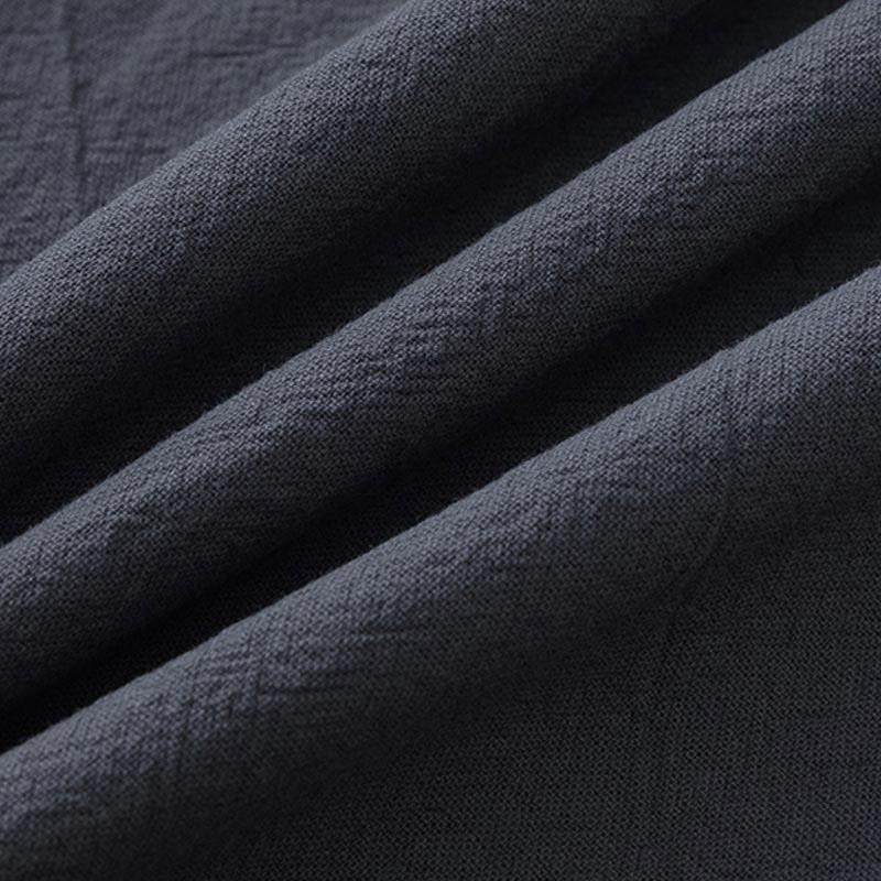 Buddha Stones Summer 2Pcs Plain Crew Neck T-Shirt Drawstring 7-8 Length Pants Cotton Linen Tang Suit Men's Meditation Cloth Set With Pockets