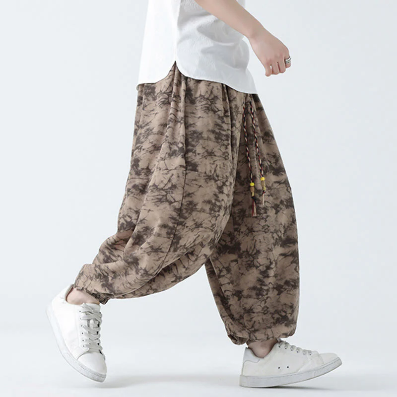 Buddha Stones Retro Casual Drawstring Design Floral Pattern Men's Harem Pants With Pockets