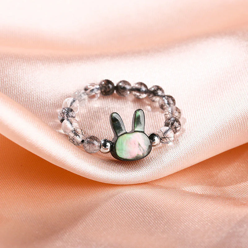 Buddha Stones 3mm Black Rutilated Quartz Tridacna Stone Rabbit Cat Ring