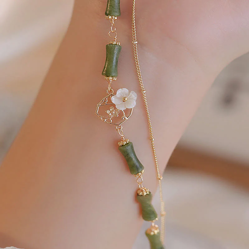 Buddha Stones 14k Gold Plated Copper Peridot Bamboo Flower Wealth Double Layer Bracelet