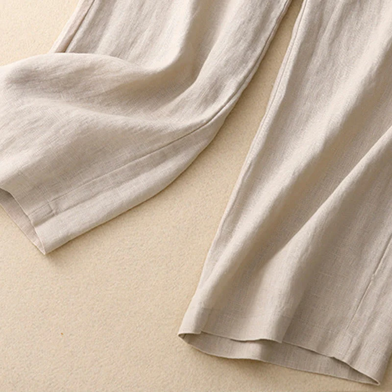 Buddha Stones Summer Casual Simple Design Linen Women's Wide Leg Pants With Zipper Pockets
