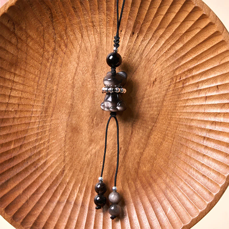 Buddha Stone Natural Silver Sheen Obsidian Noble Kitten Cat Soothing Phone Hanging Decoration