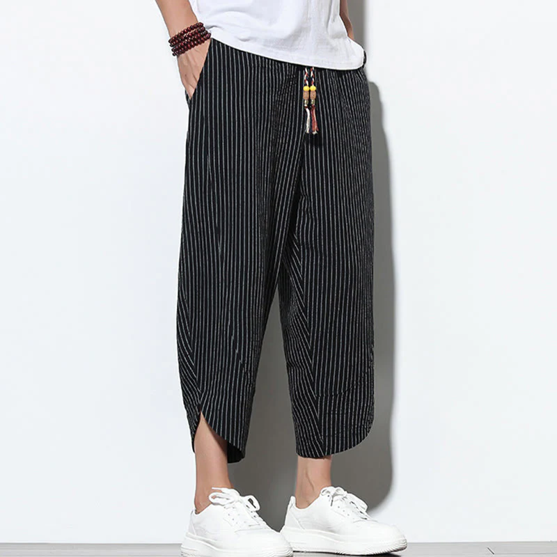 Buddha Stones Summer Stripes Pattern Drawstring Cotton Linen Men's 7-8 Length Harem Pants With Pockets