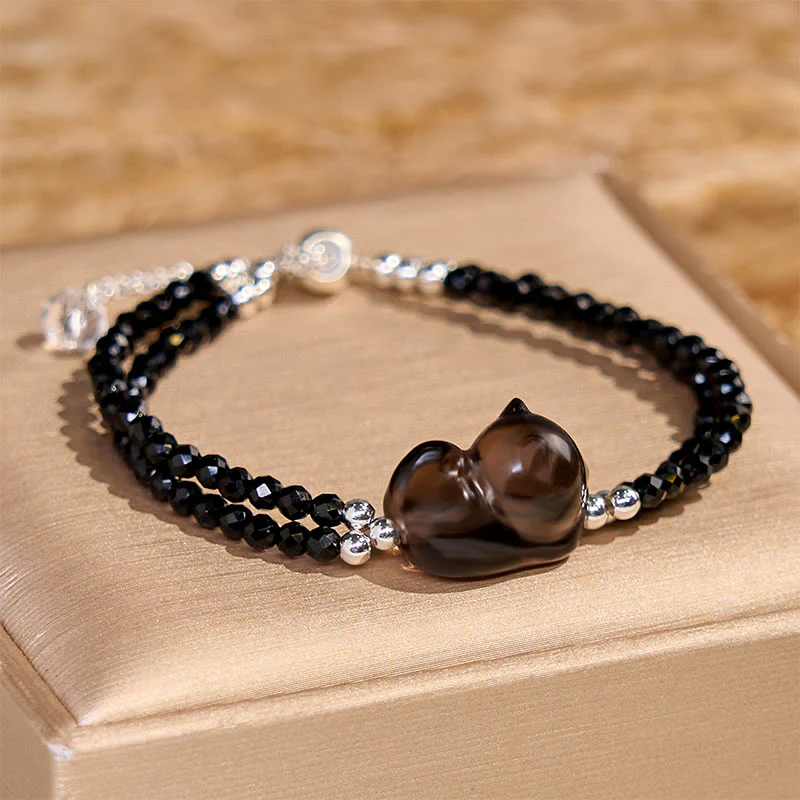 Buddha Stones Ice Obsidian Black Spinel Lying Cat Courage Double Layer Bracelet