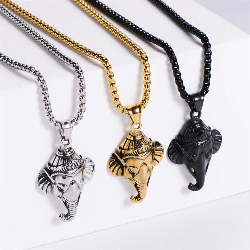 Buddha Stones Ganesh Ganpati Elephant Titanium Steel Protection Pendant Necklace