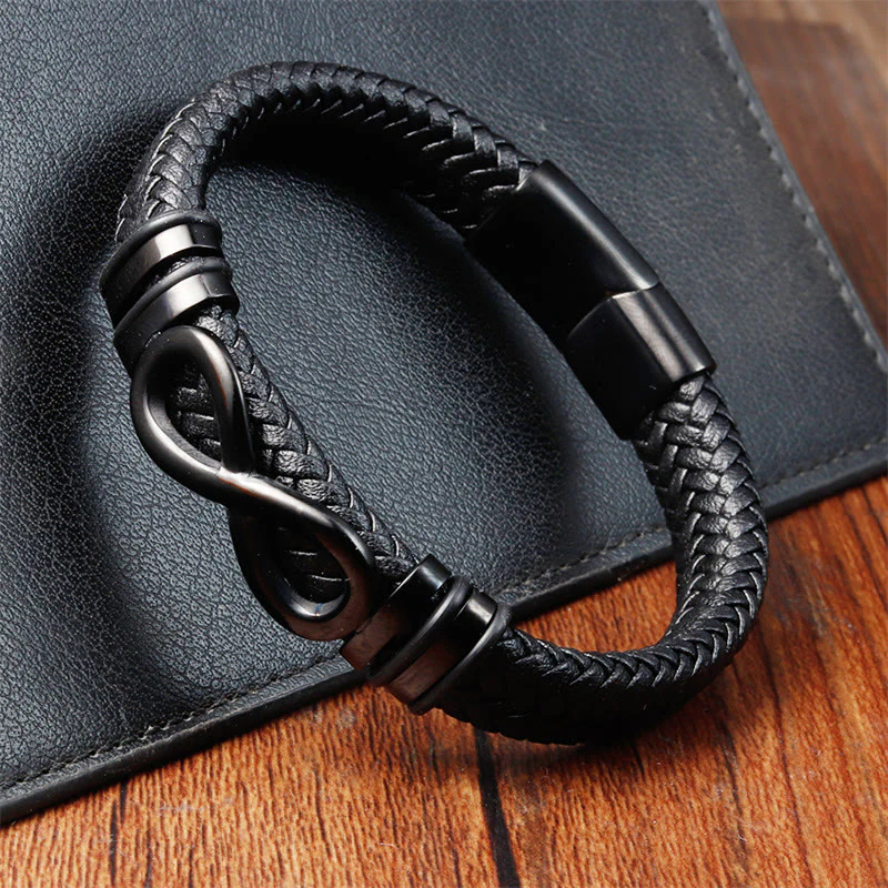 Buddha Stones Endless Knot Design Titanium Steel Strengthen Braided Leather Buckle Bracelet