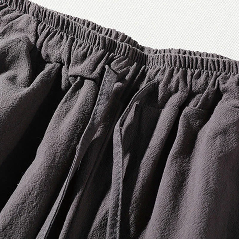 Buddha Stones 2Pcs Plain Notched Collar T-Shirt 7-8 Length Wide Leg Shorts With Pockets Cotton Linen Men's Meditation Cloth Set