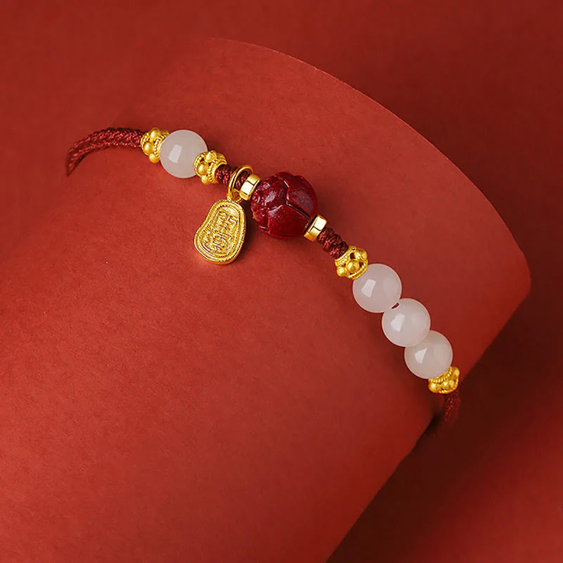 Buddha Stones 24K Gold Plated Hetian White Jade Cinnabar Lotus Luck Rope Bracelet