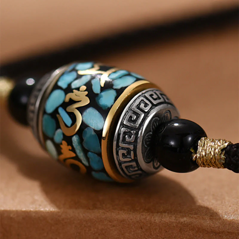 Buddha Stones Tibet Om Mani Padme Hum Dzi Bead Pattern Protection Rotatable Necklace Pendant