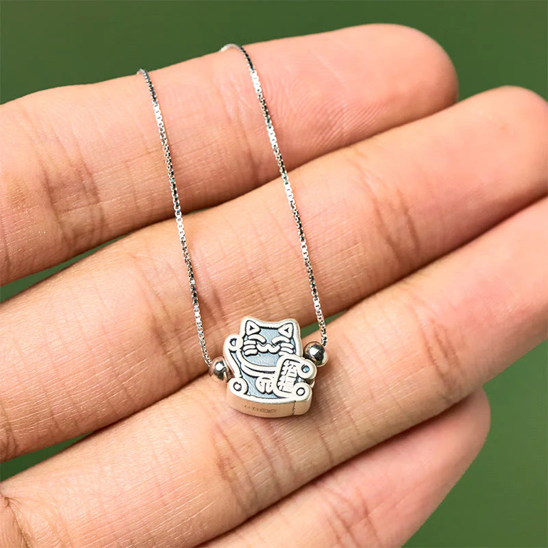 Buddha Stones 999 Sterling Silver Fortune Cat Protection 925 Sterling Silver Chain Necklace Pendant