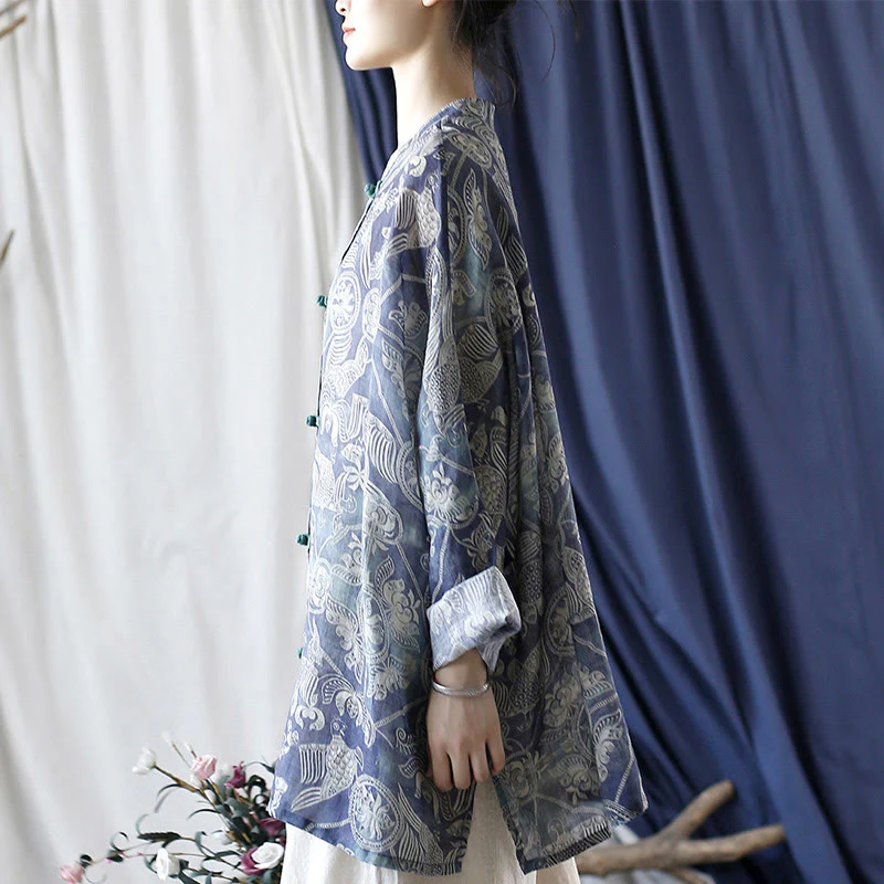 Buddha Stones Birds Flowers Geometry Frog-Button Long Sleeve Ramie Linen Jacket Shirt
