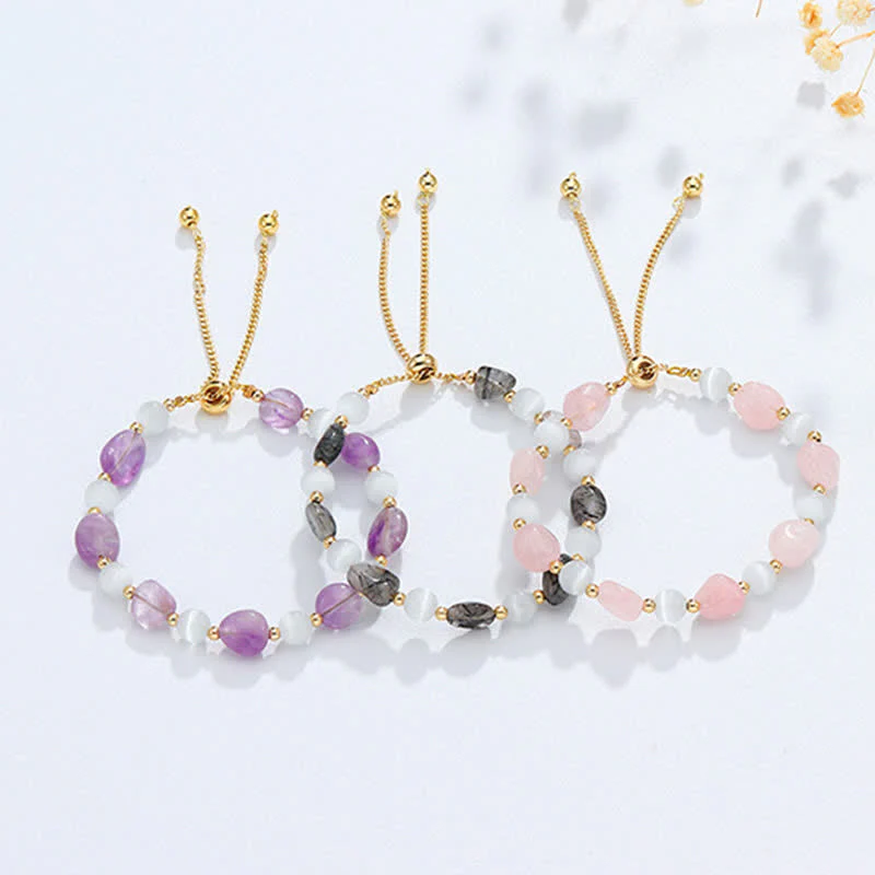 Buddha Stones Amethyst Pink Crystal Black Rutilated Quartz Spiritual Awareness Bracelet