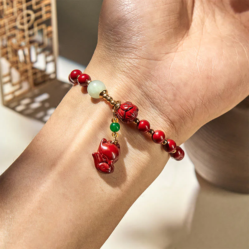 Buddha Stones Cinnabar Lotus Cute Fox Charm Blessing Bracelet