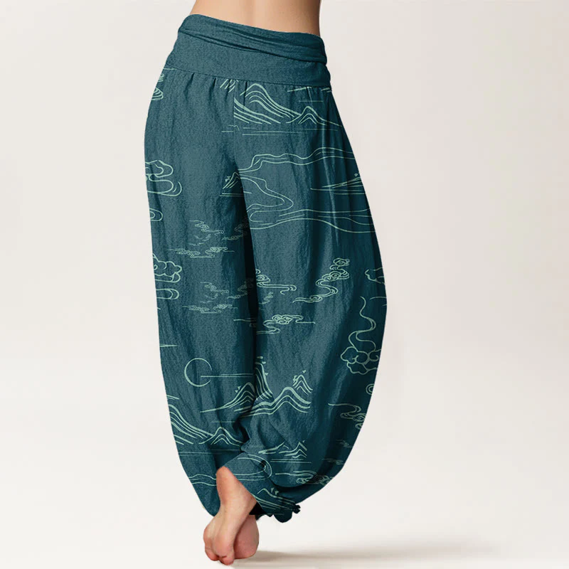 Buddha Stones Mountain Moon Auspicious Clouds Pattern Women's Elastic Waist Harem Pants