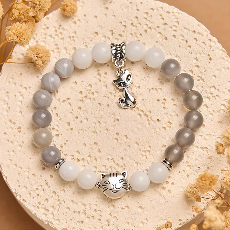 Buddha Stones Ragdoll Cat Gray Striped Agate Chalcedony Support Bracelet