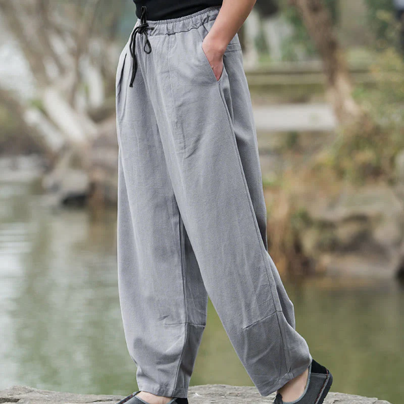Buddha Stones Plain Casual Linen Bloomer Men's Pants With Pockets