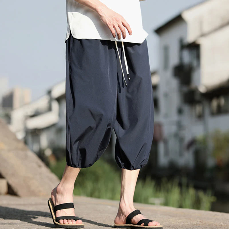 Buddha Stones Solid Drawstring Men's Capri Cropped Harem Pants With Pockets