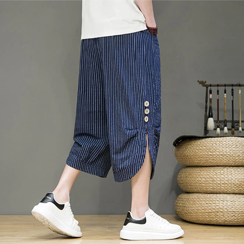Buddha Stones Casual White Stripes Pattern Drawstring Button Design Men's Cotton Cropped Harem Pants With Pockets