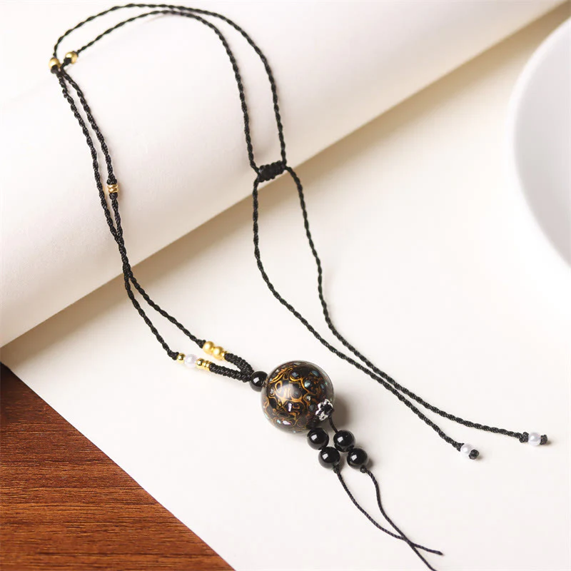 Buddha Stones Ebony Wood Aurora Lacquer Craft Bead Pearl Balance Necklace Pendant