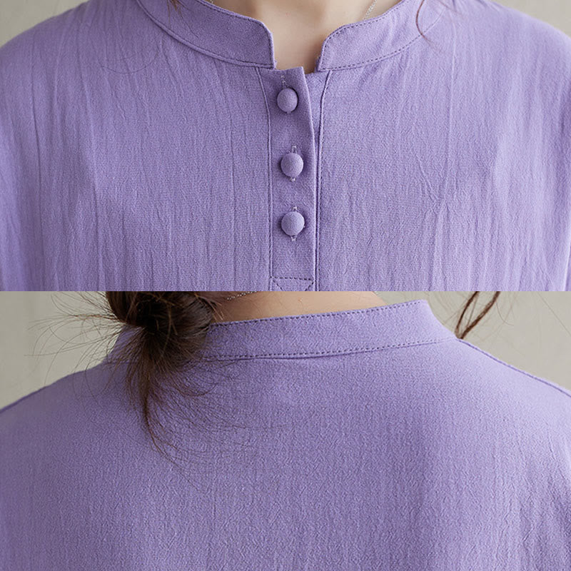 Buddha Stones Fall Ethnic Embroidery Cotton Linen Midi Dress With Pockets