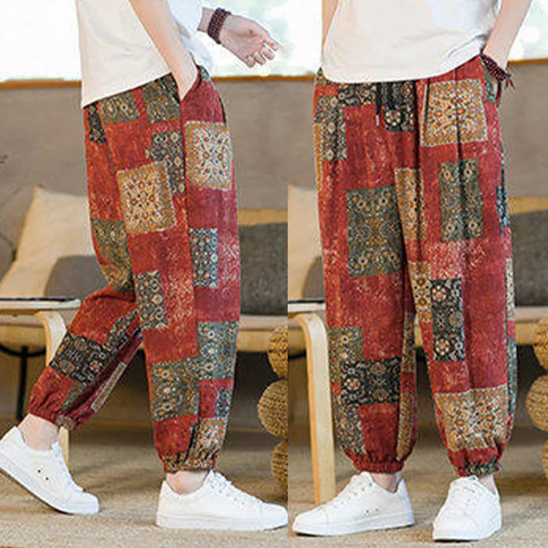 Buddha Stones Summer Square Patchwork Cotton Linen Men's Ankle-Length Harem Pants With Pockets