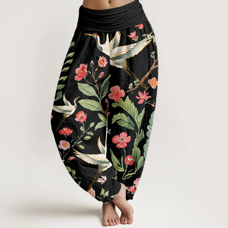 Buddha Stones Casual Red Flowers Crane Pattern Women's Elastic Waist Harem Pants