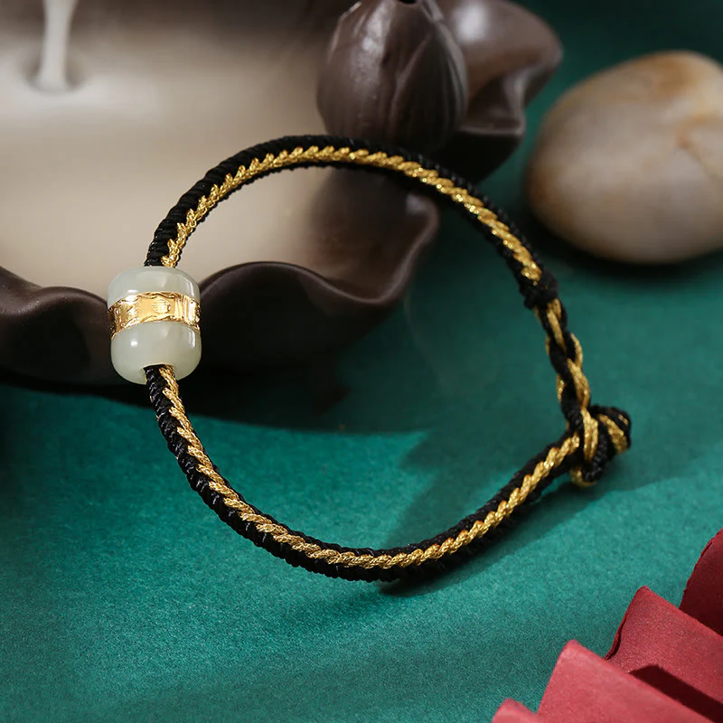Buddha Stones 999 Gold Hetian White Jade Om Mani Padme Hum Fu Character Luck Braided Bracelet