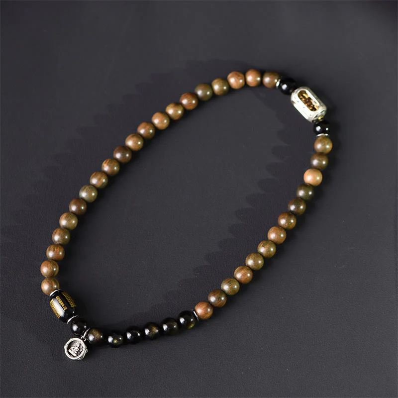 Buddha Stones Tibetan Green Sandalwood Gold Sheen Obsidian Balance Peace Double Wrap Bracelet
