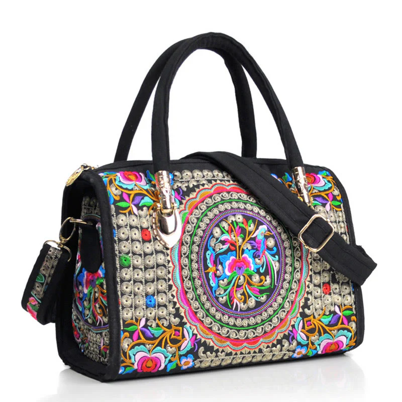 Buddha Stones Money Tree Peony Camellia Double-Sided Embroidery Canvas Shopping Purse Handbag Crossbody Bag