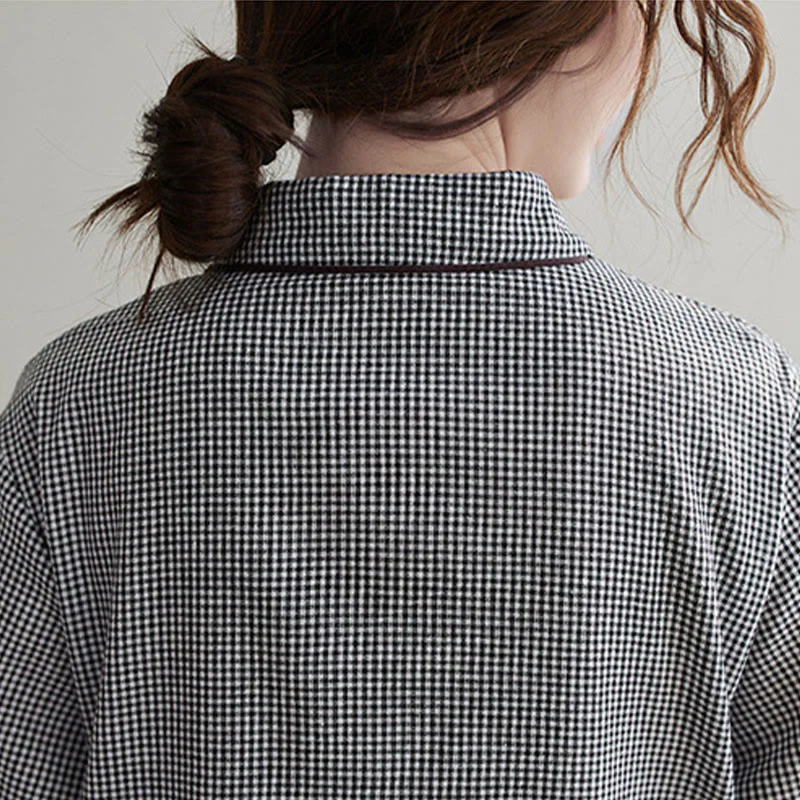 Buddha Stones Small Grid Pattern Cotton Linen Women's Midi Dress With Pockets